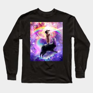 Laser Galaxy Space Cat On Rainbow Llama Unicorn Long Sleeve T-Shirt